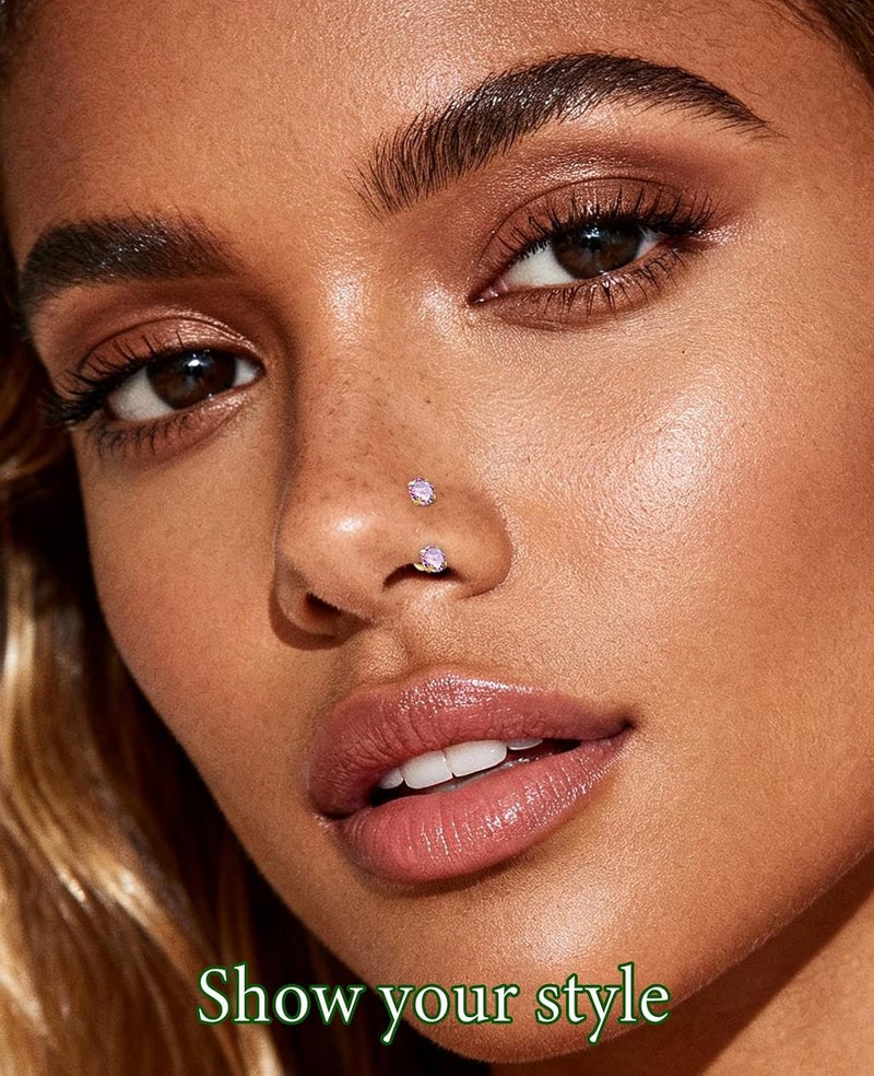 AMASIS Opal Nose Ring Studs Horseshoe Nose Rings Hoops Stud 316L Stainless Steel Nose Rings Round CZ Square Screw L Shaped Nose Stud Hypoallergenic Nostril Piercing Jewelry for Women Men - Image 3